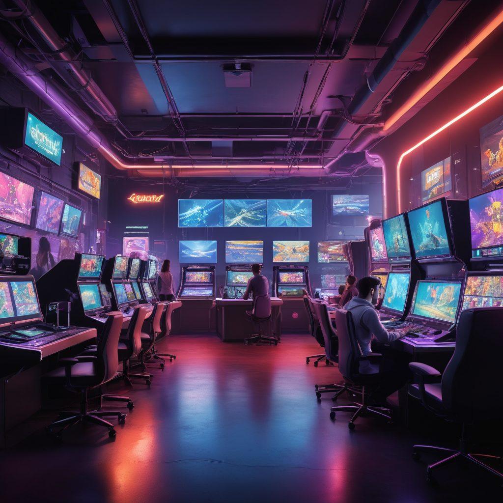A futuristic gaming landscape showcasing the TFG1 platform, featuring holographic interfaces with diverse game elements, enthusiastic game developers collaborating, and users engaging in immersive gaming experiences. Bright neon lights and pixel art characters fill the scene, symbolizing innovation and community support. super-realistic. vibrant colors. high-tech environment.