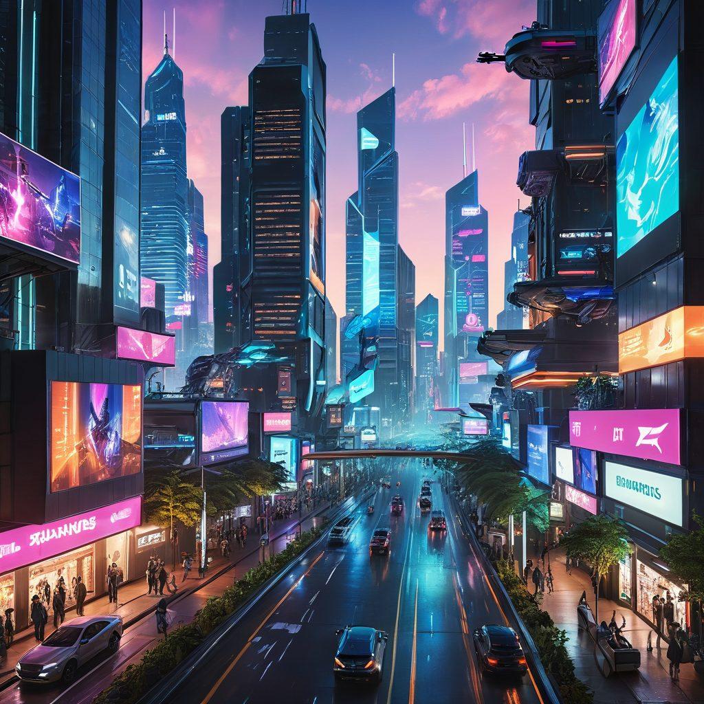 A vibrant and imaginative scene showcasing a futuristic city with diverse entertainment options, featuring holographic displays and interactive public spaces, symbolizing the TFG1 community. Bright colors illuminate a crowd of diverse individuals engaging with tech-based entertainment, surrounded by futuristic architecture and greenery. Add elements like drones or robots enhancing the interactive experience. super-realistic. vibrant colors. cyberpunk.